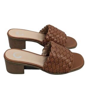 Journee Collection Womens Size 8 Brown Woven Block Heel Open Toe Slide Sandal